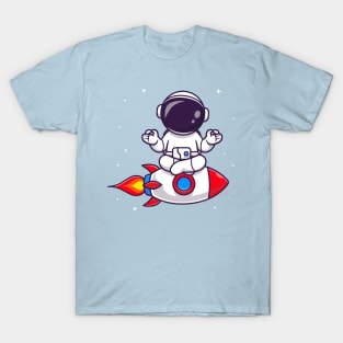 Cute Astronaut Meditation Yoga On Rocket Cartoon T-Shirt